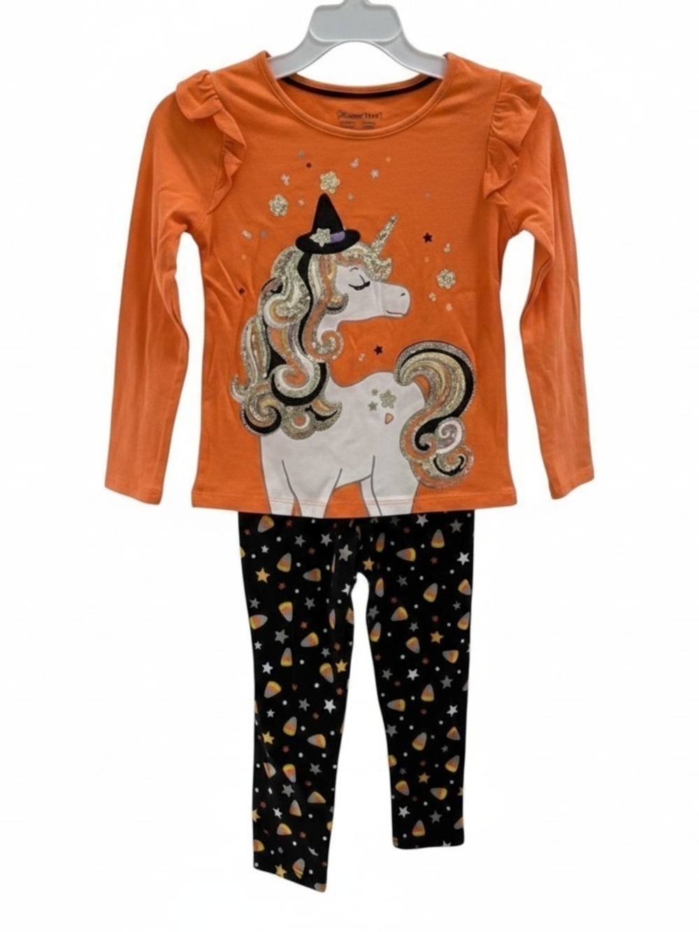 Girls Orange Unicorn Witch Top & Black Candy-Print Leggings Set 4T